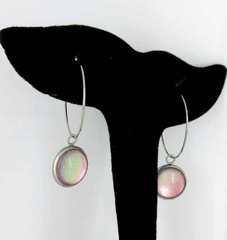 Summerfield Collection Stainless Steel Pink Opalescent Glass Charm Hoop Earrings Hand-painted 1"