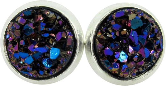 Summerfield Collection Silver-tone Metallic Faux Druzy Stone Stud Earrings 8mm (Blue/Purple)