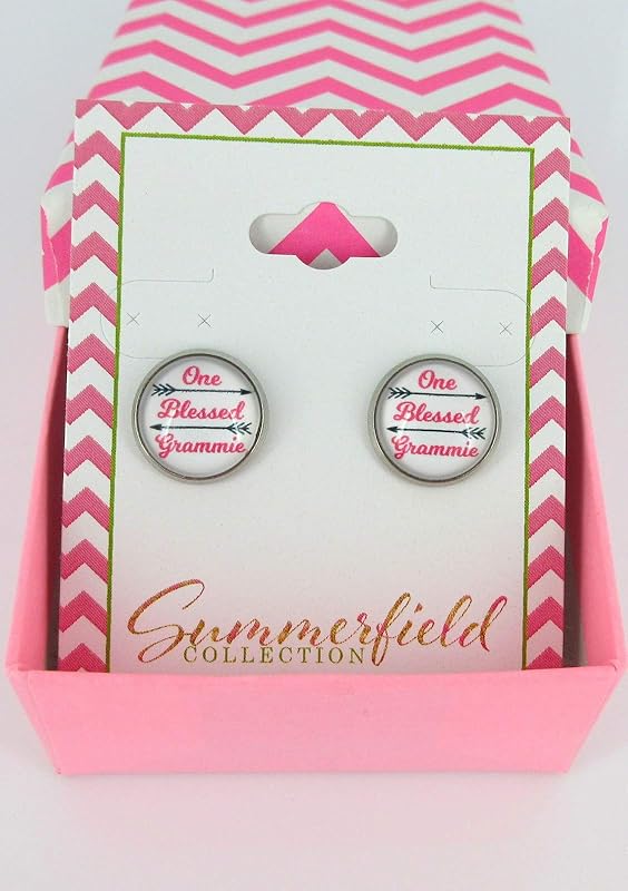 Summerfield Collection Stainless Steel One Blessed Grammie Print Glass Stud Earrings 12mm