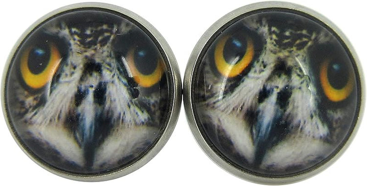 Summerfield Collection Stainless Steel Owl Face Print Glass Stud Earrings 12mm