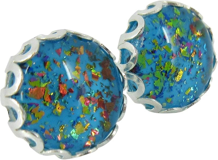Summerfield Collection Silver-tone Aqua Blue and Rainbow Flake Glass Stud Earrings Hand-painted 10mm