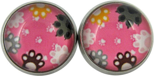 Summerfield Collection Stainless Steel Cat Paw Print Glass Stud Earrings 12mm (Pink)