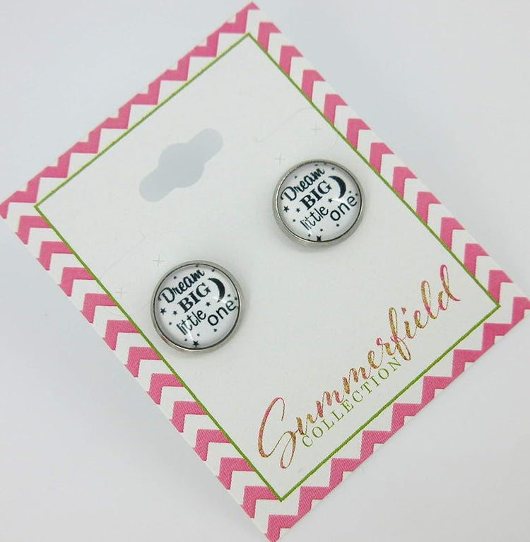 Summerfield Collection Stainless Steel Dream Big Little One Print Glass Stud Earrings 12mm