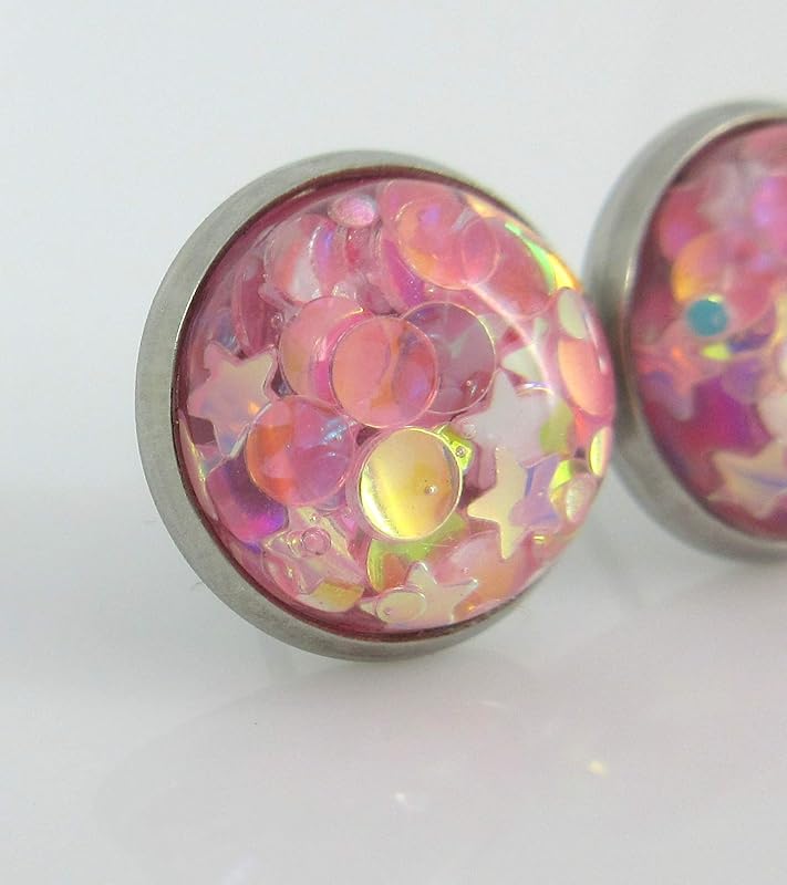 Summerfield Collection Stainless Steel Glitter Resin Globe Stud Earrings 12mm (Medium Pink)