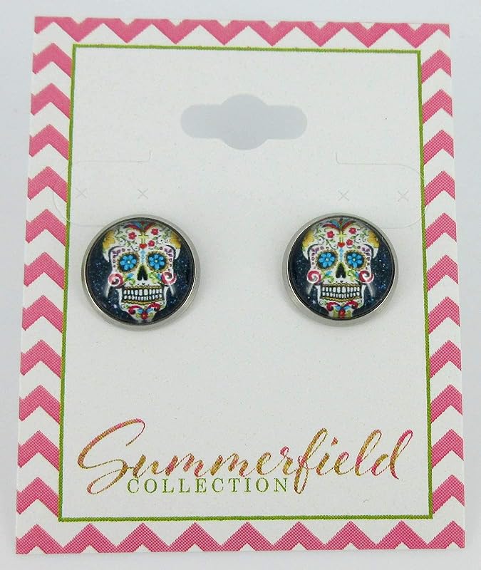 Summerfield Collection Stainless Steel Black Sugar Skull Printed Glass Stud Earrings 12mm