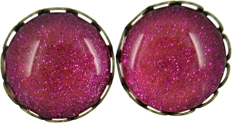 Summerfield Collection Antiqued Gold-tone Bright Pink Glitter Glass Stud Earrings 12mm Hand-painted