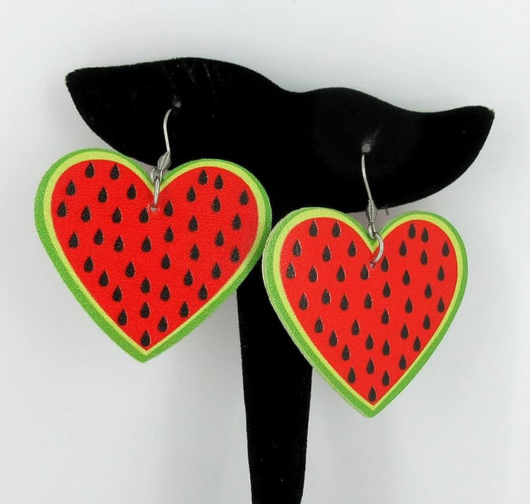 Summerfield Collection Watermelon Faux Leather Large Heart Dangle Earrings Stainless Steel Red Green Black Fruit