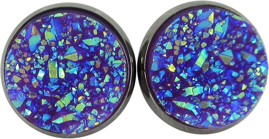 Summerfield Collection Hematite-tone Faux Druzy Stone Stud Earrings 12mm (Purple AB)