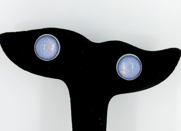 Summerfield Collection Stainless Steel Sky Blue and Rainbow Glitter Flake Glass Stud Earrings Hand-painted (12mm)