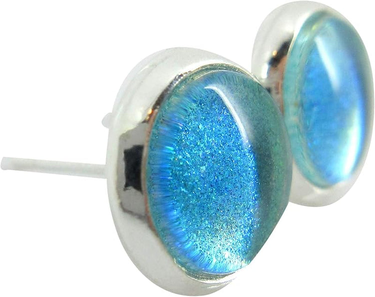 Summerfield Collection Silver-tone Blue Green Color Shift Glitter Glass Stud Earrings Hand-painted 8mm