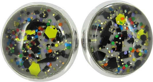 Summerfield Collection Silver-tone Gray Black Yellow Multi Color Glitter Glass Stud Earrings Hand-painted 12mm