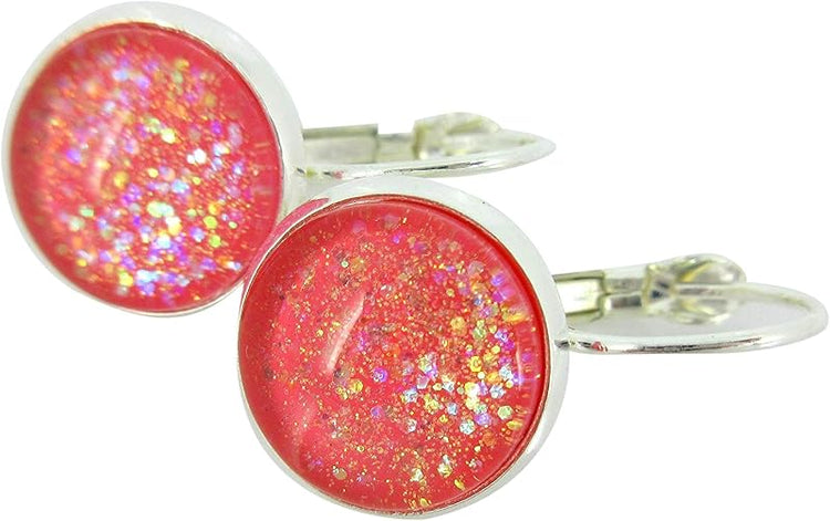 Summerfield Collection Silver-tone Coral Iridescent Glitter Glass Galaxy Drop Earrings Leverback Hand-painted