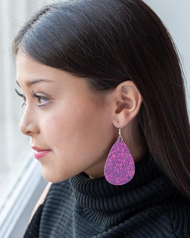 Summerfield Collection Silver-tone Glitter Faux Leather Large Teardrop Dangle Earrings (Magenta)