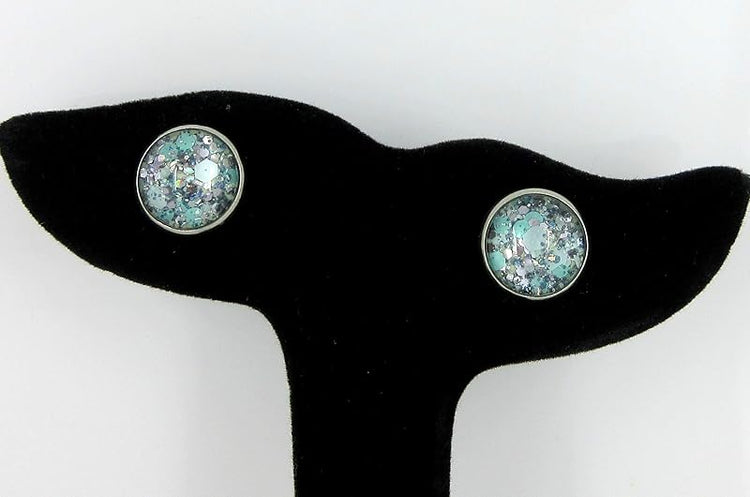 Summerfield Collection Stainless Steel Mint Green and Silver Glitter Glass Stud Earrings Hand-painted 12mm