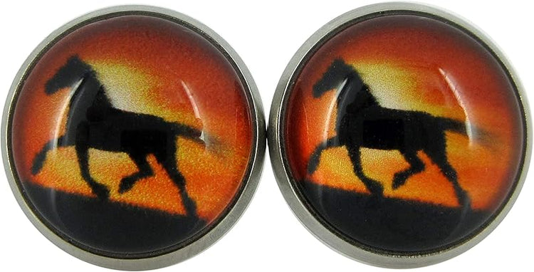 Summerfield Collection Stainless Steel Sunset Horse Print Glass Stud Earrings 12mm