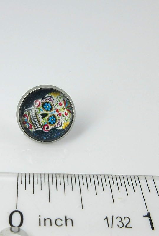 Summerfield Collection Stainless Steel Black Sugar Skull Printed Glass Stud Earrings 12mm