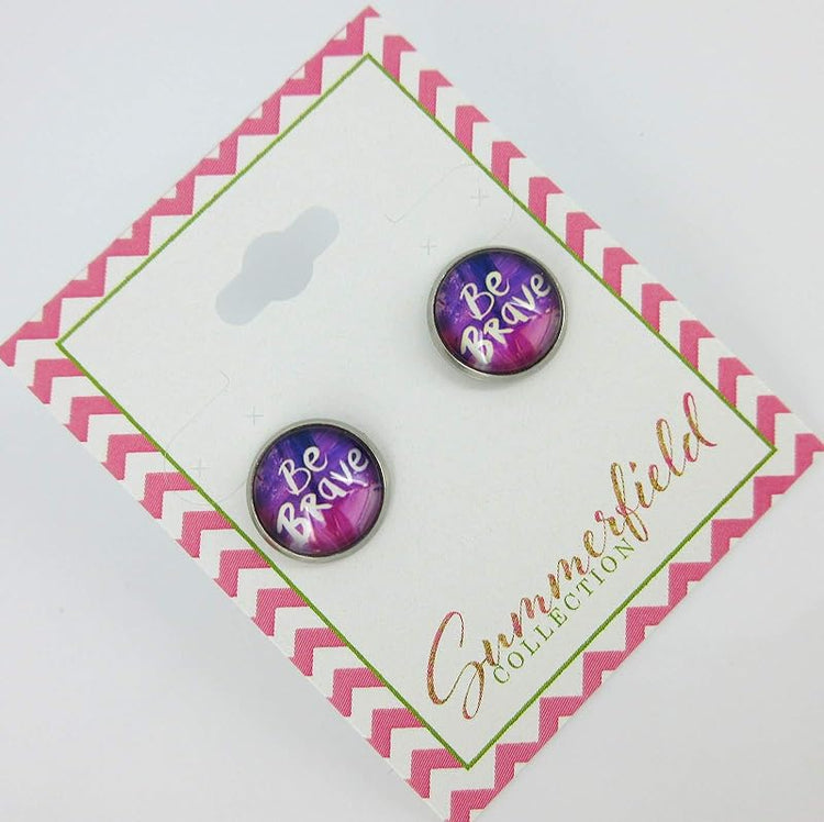 Summerfield Collection Stainless Steel Be Brave Print Glass Stud Earrings 12mm