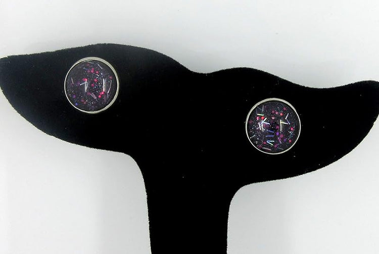 Summerfield Collection Stainless Steel Navy Blue and Pink Glitter Glass Stud Earrings Hand-painted 12mm