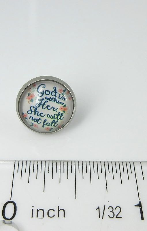 Summerfield Collection Stainless Steel God is WIthin Her She WIll Not Fall Print Glass Stud Earrings 12mm