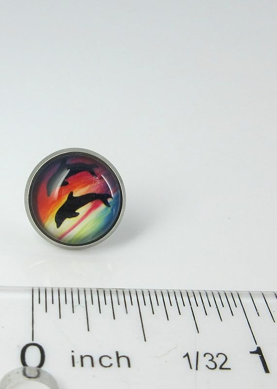 Summerfield Collection Stainless Steel Tropical Sunset Ocean Dolphin Print Glass Stud Earrings 12mm Beach