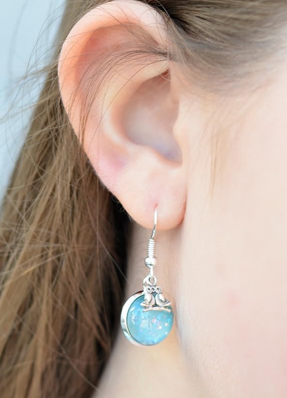 Summerfield Collection Silver-tone Robin Egg Blue Iridescent Glitter Glass Lovebirds Charm Dangle Earrings