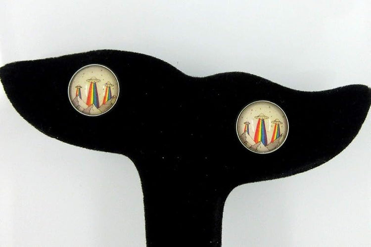 Summerfield Collection Stainless Steel Rainbow UFO Print Glass Stud Earrings 12mm