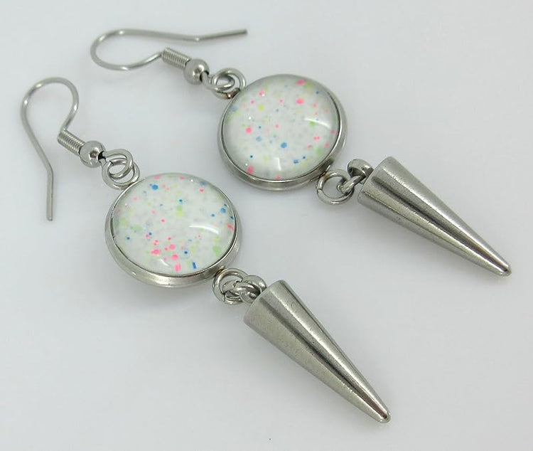 Summerfield Collection Stainless Steel White and Neon Confetti Glitter Glass Charm Dangle Earrings Handpainted Glow in the Dark