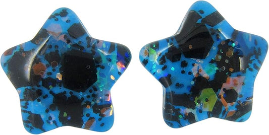Summerfield Collection Aqua Blue and Black Star Shaped Glitter Glass Galaxy Stud Earrings 10mm Hand-painted