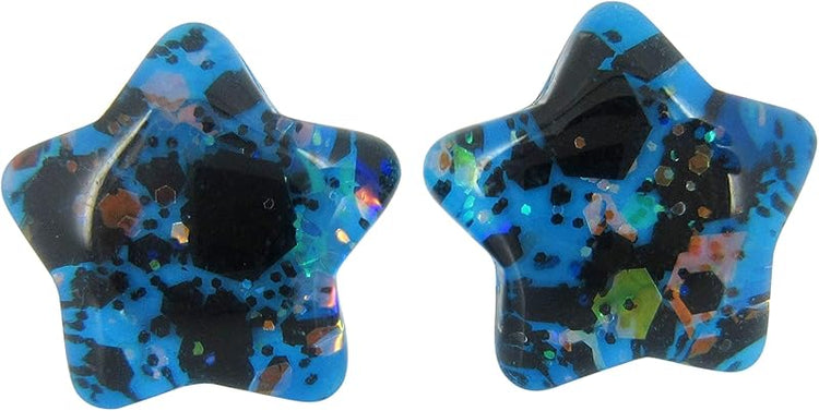 Summerfield Collection Aqua Blue and Black Star Shaped Glitter Glass Galaxy Stud Earrings 10mm Hand-painted