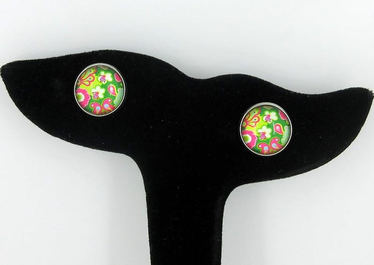 Summerfield Collection Stainless Steel Green and Pink Flower Paisley Print Glass Stud Earrings 12mm Vintage Vibe