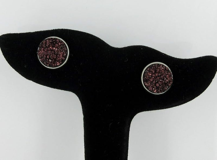 Summerfield Collection Duo Stainless Steel Glitter Faux Druzy Stone Stud Earrings Set (Dark Maroon/Gold)