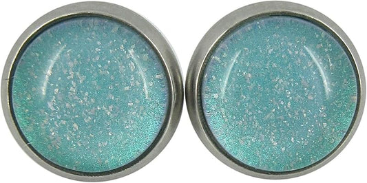 Summerfield Collection Stainless Steel Light Aqua Mint Glitter Glass Stud Earrings Hand-painted 10mm