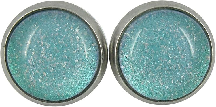 Summerfield Collection Stainless Steel Light Aqua Mint Glitter Glass Stud Earrings Hand-painted 10mm