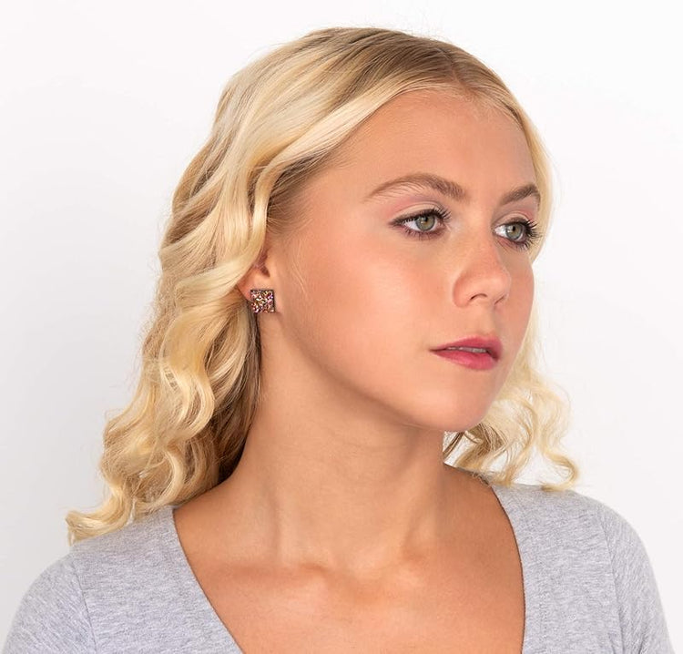 Summerfield Collection Metallic Gold and Pink Geometric Square Shaped Chunky Faux Druzy Stud Earrings 12mm Statement