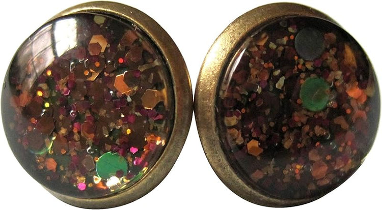 Summerfield Collection Antiqued Gold-Tone Brown Green Black Glitter Glass Stud Earrings 1/2" Round