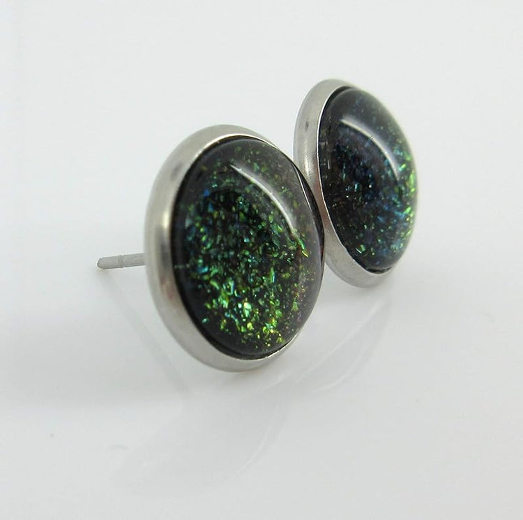 Summerfield Collection Stainless Steel Black Rainbow Duochrome Glitter Glass Galaxy Stud Earrings 12"