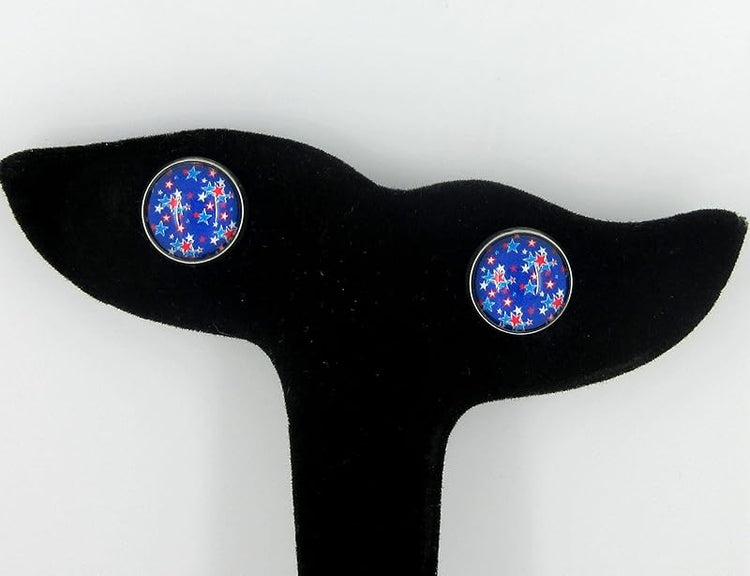 Stainless Steel Patriotic Stars Print Glass Stud Earrings 12mm (Royal Blue)