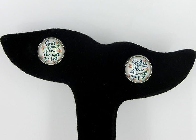 Summerfield Collection Stainless Steel God is WIthin Her She WIll Not Fall Print Glass Stud Earrings 12mm