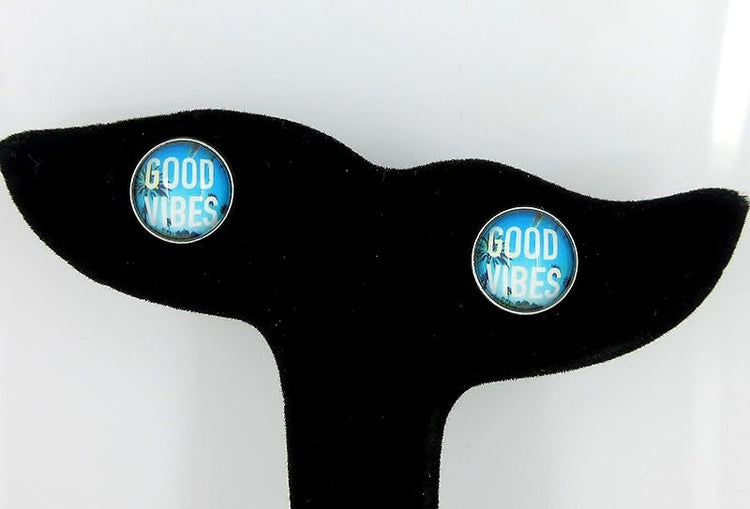 Summerfield Collection Stainless Steel Good Vibes Print Glass Stud Earrings 12mm (Blue Sky)