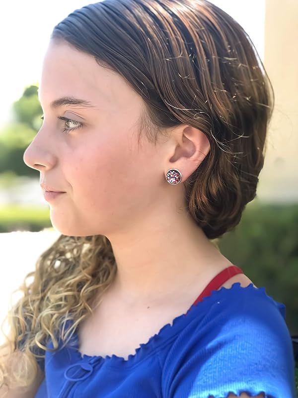 Summerfield Collection Silver-tone Patriotic Glitter Resin Stud Earrings Red Blue USA (12mm)