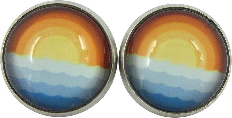 Summerfield Collection Stainless Steel Vintage Sunset Horizon and Ocean Waves Print Glass Stud Earrings 12mm