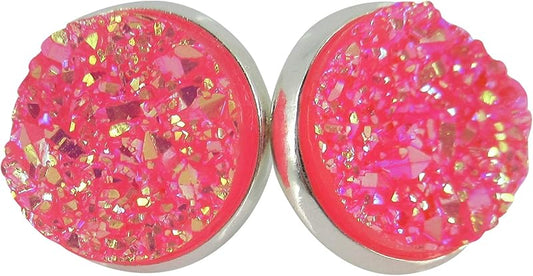 Summerfield Collection Silver-tone Solid AB Faux Druzy Stone Stud Earrings 12mm (Hot Pink)