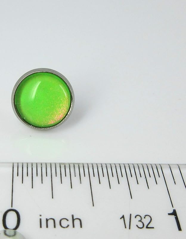 Summerfield Collection Stainless Steel Neon Green Colorshifting Glitter Glass Stud Earrings Hand-painted 10mm