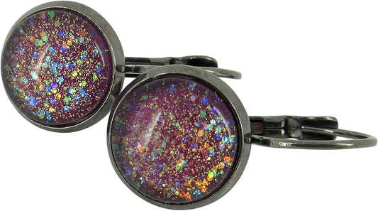 Summerfield Collection Hematite-tone Plum Berry Purple Glitter Glass Lever-back Drop Galaxy Earrings Hand-painted