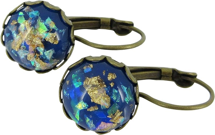 Summerfield Collection Antiqued Gold-tone Opalescent Leaf Resin Lever-back Drop Earrings (Blue)