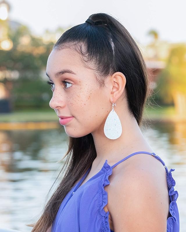 Summerfield Collection Silver-tone Glitter Faux Leather Large Teardrop Dangle Earrings (White w/Pink and Lt Blue)