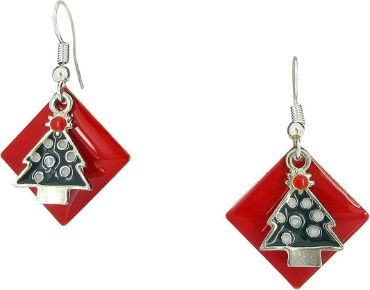 Summerfield Collection Silver-tone Red Enamel Christmas Tree Charm Dangle Earrings