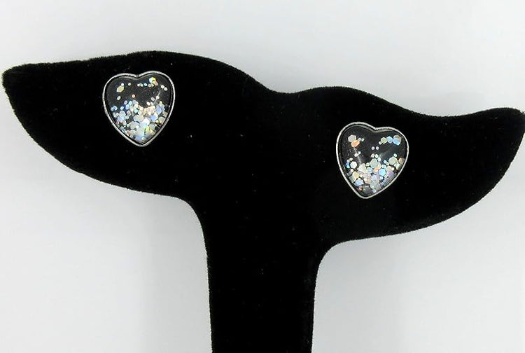 Summerfield Collection Stainless Steel Black and Silver Glitter Glass Heart Stud Earrings Hand-painted
