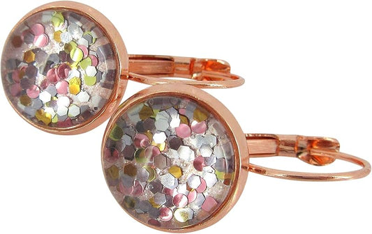 Summerfield Collection Rose Gold-tone Pearly Silver and 5 Metal Glitter Glass Drop Earrings Hand-painted
