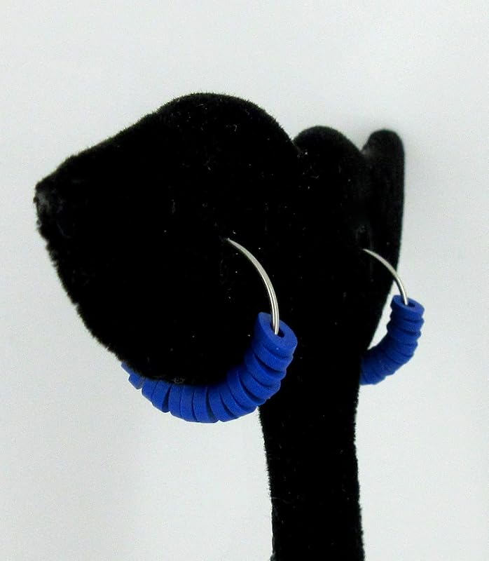 Summerfield Collection 15mm Stainless Steel Polymer Clay Katsuki Bead Hoop Earrings (Royal Blue)